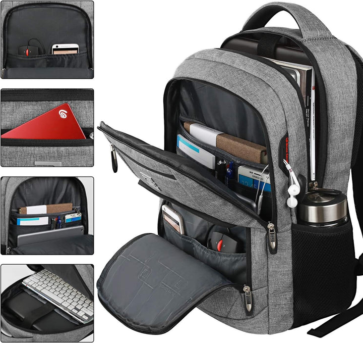 Modern slim anti-theft backpack, water-resistant, includes USB charging for all your devices.