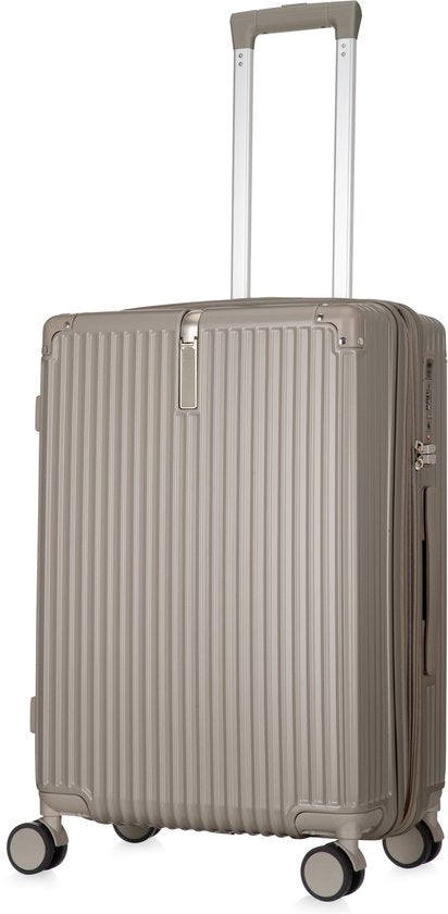Sleek hardshell carry-on suitcase featuring a USB port and convenient cup holder.