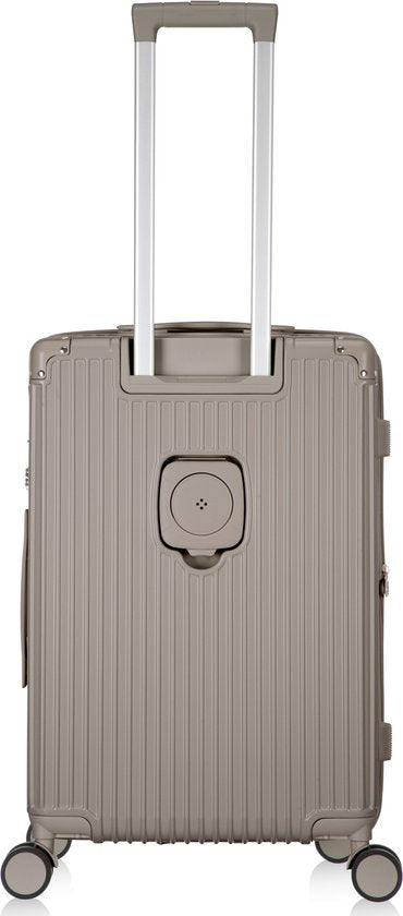 Expandable smart suitcase for business & vacation, includes USB port & cup holder.