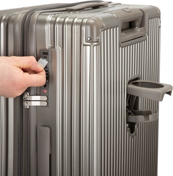 Durable Mykonos smart luggage: hardshell, USB port, cup holder, perfect for any journey.