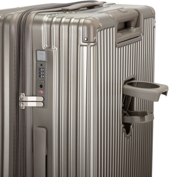 Versatile unisex hardshell suitcase with integrated USB charger and a practical cup holder.