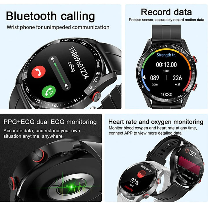 Smartwatch display showing real-time heart rate and blood pressure data for health tracking.