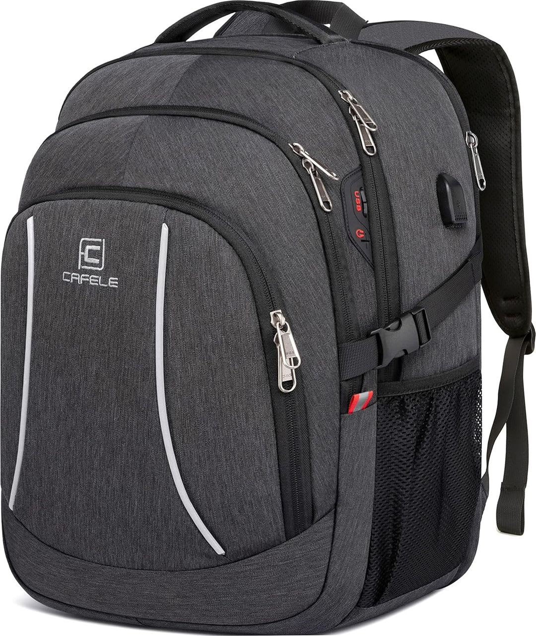 Modern anti-theft work backpack, water-resistant fabric, and a USB port. Keeps your laptop safe & dry.