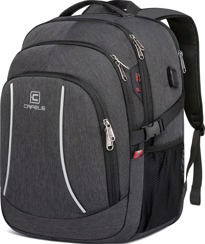 Modern anti-theft work backpack, water-resistant fabric, and a USB port. Keeps your laptop safe & dry.