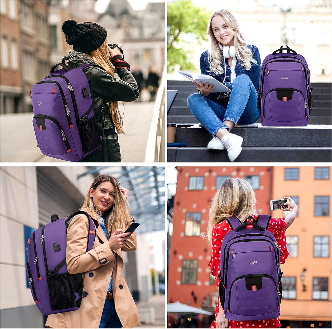 Unisex TechPro water-resistant backpack, anti-theft design, with USB charging port. Laptop sleeve inside.