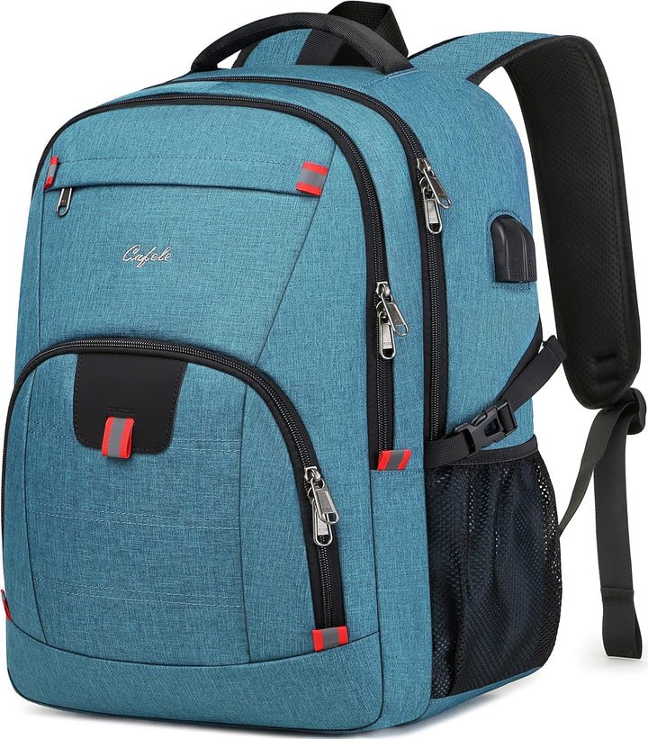 Secure water-resistant travel backpack, anti-theft zippers, & external USB port for easy charging.