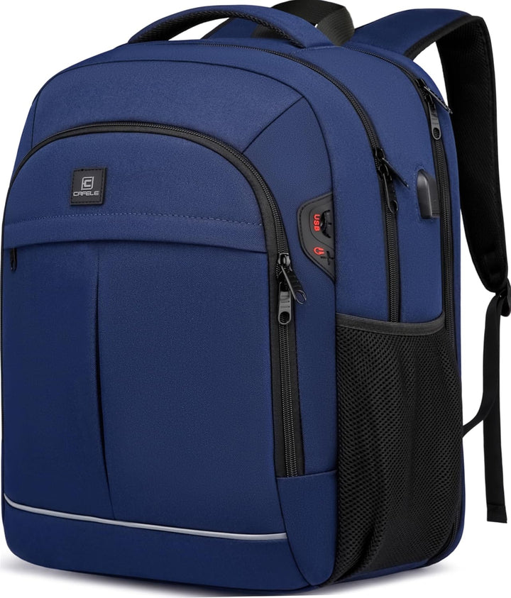 Water-resistant backpack with anti-theft features, dedicated laptop compartment, & external USB access.