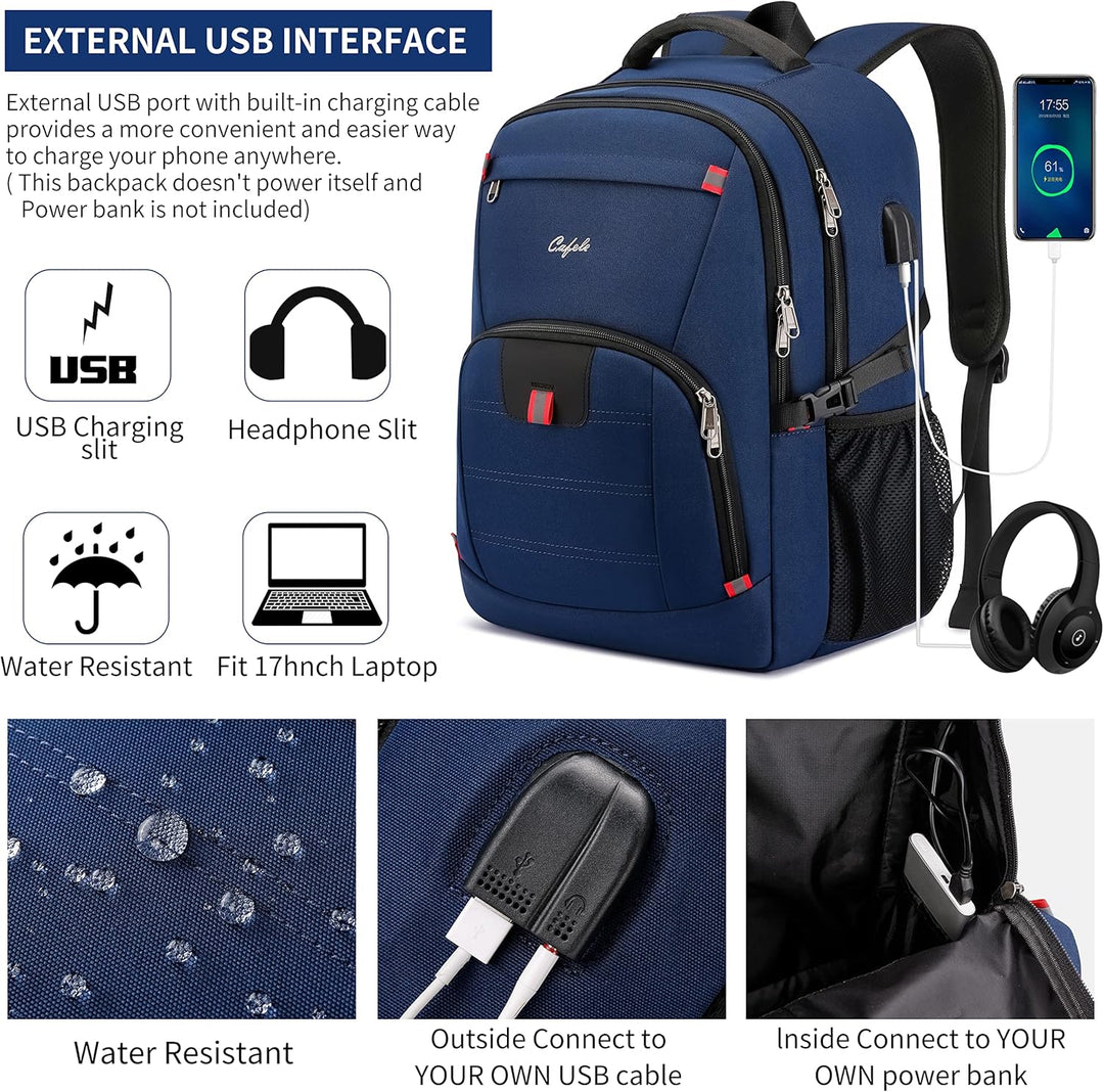 TechPro water-resistant backpack for laptops, featuring a USB port. Anti-theft travel and work bag.