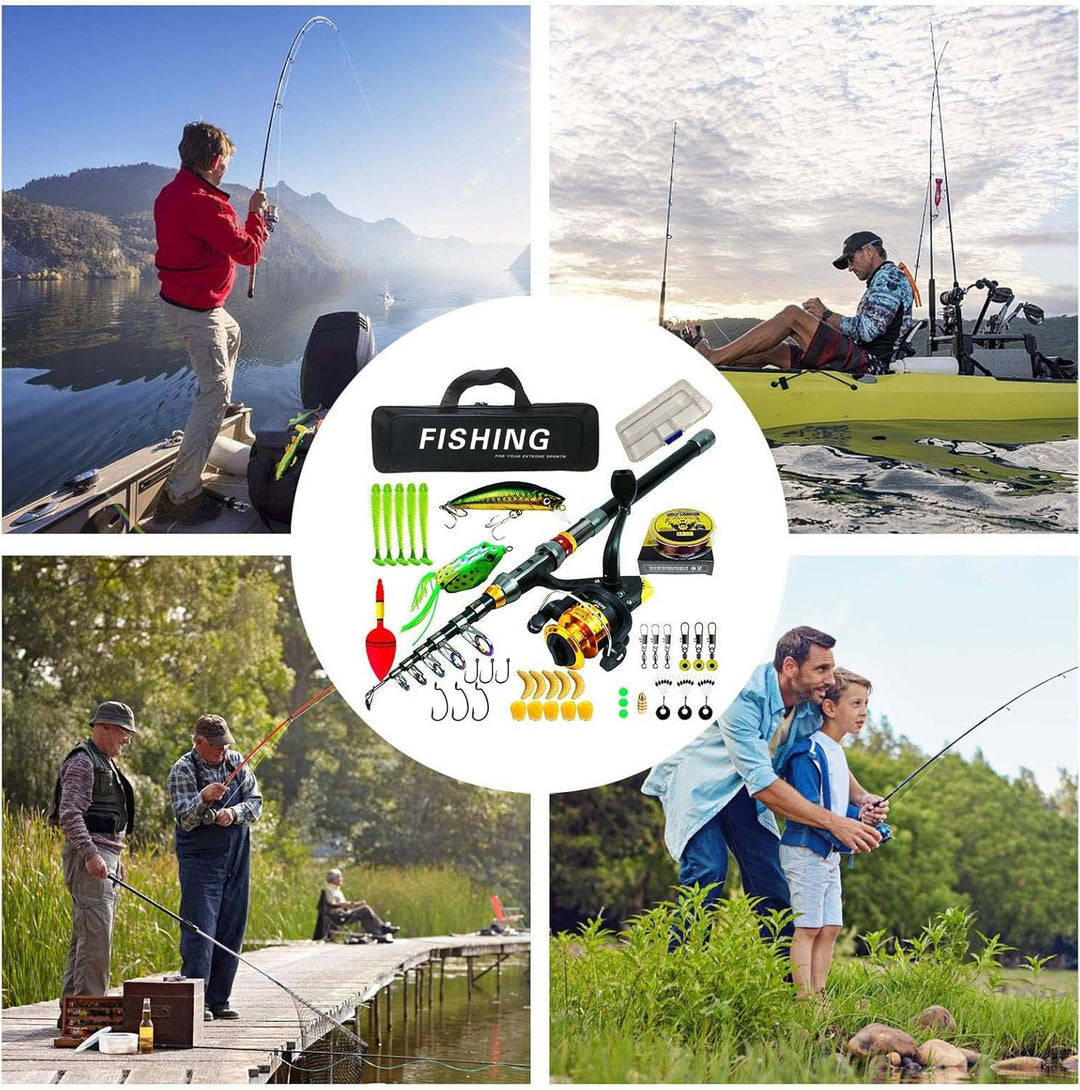 Unisex telescopic carbon fiber fishing rod kit with spinning reel and carrying bag for easy use, ideal for any angler.