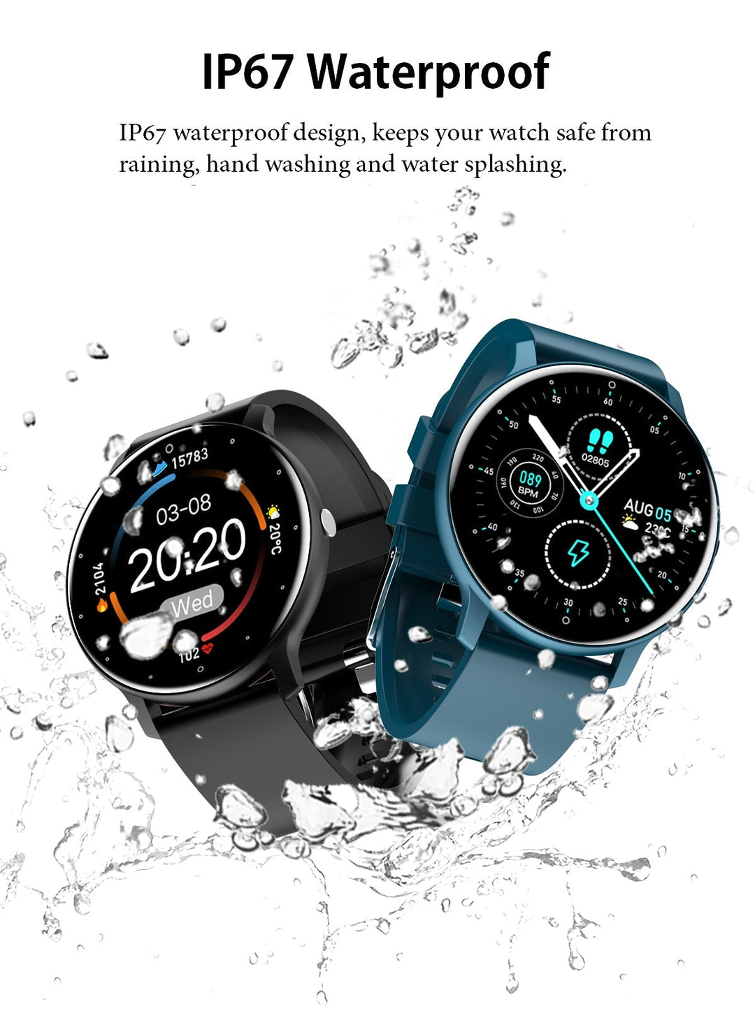 Close-up of a vibrant touchscreen smartwatch displaying activity stats: steps, calories, and time.
