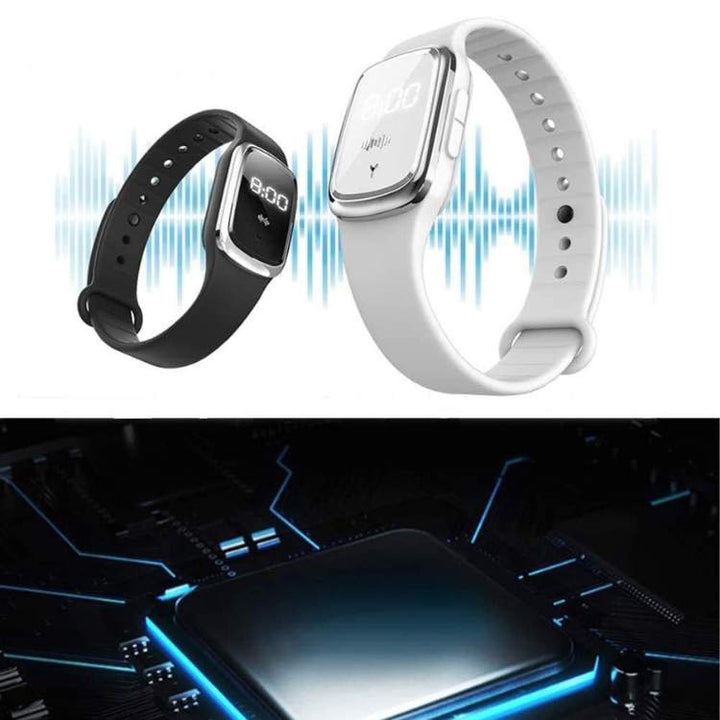 Unisex Ultrasonic Mosquito Repellent Bracelet with LED Display, adjustable, weatherproof design, stylish in black, pink, whit