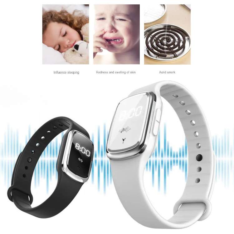 Unisex Ultrasonic Mosquito Repellent Bracelet with LED Display, adjustable, weatherproof design, stylish in black, pink, whit