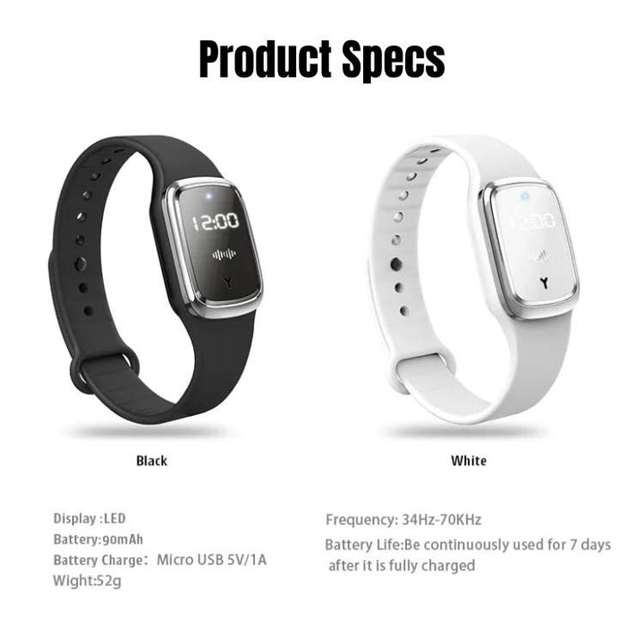 Unisex Ultrasonic Mosquito Repellent Bracelet with LED Display, adjustable, weatherproof design, stylish in black, pink, whit