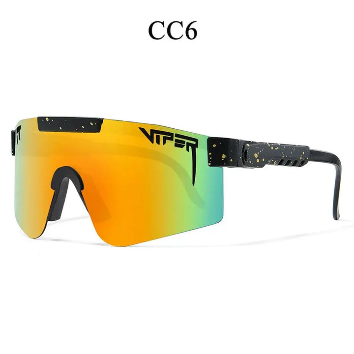 Pair of unisex UV400 sports sunglasses on a display, ready for your next outdoor adventure.