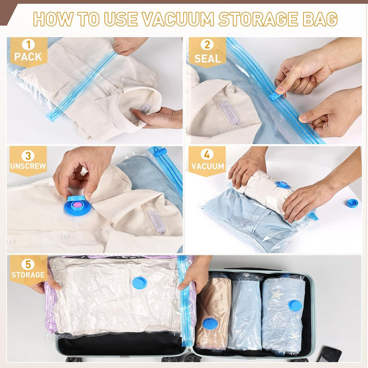 Save precious space instantly with vacuum storage bags & handy electric pump.