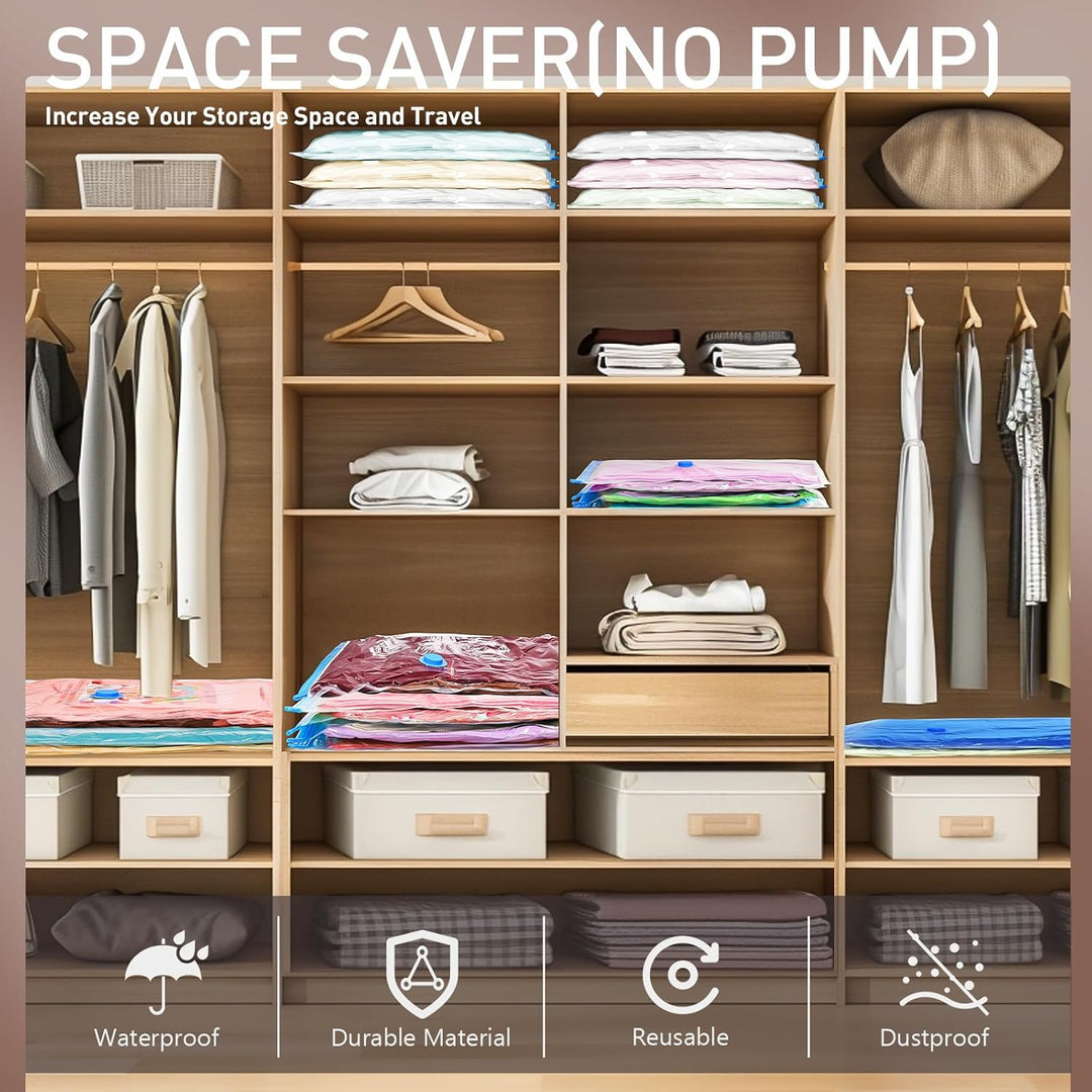 Multi-size vacuum storage bags & electric pump, perfect for clothes, bedding & travel.