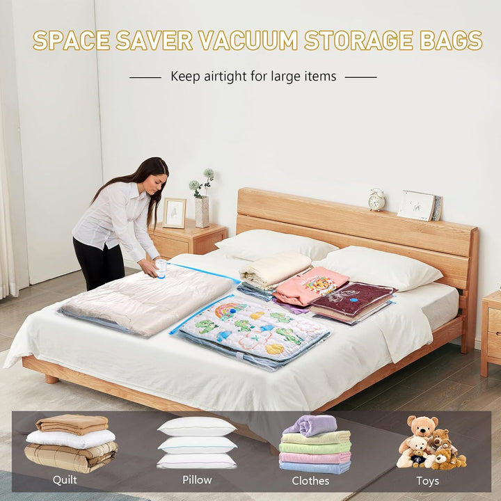 Jumbo-size vacuum storage bags with integrated electric pump for ultimate compression.