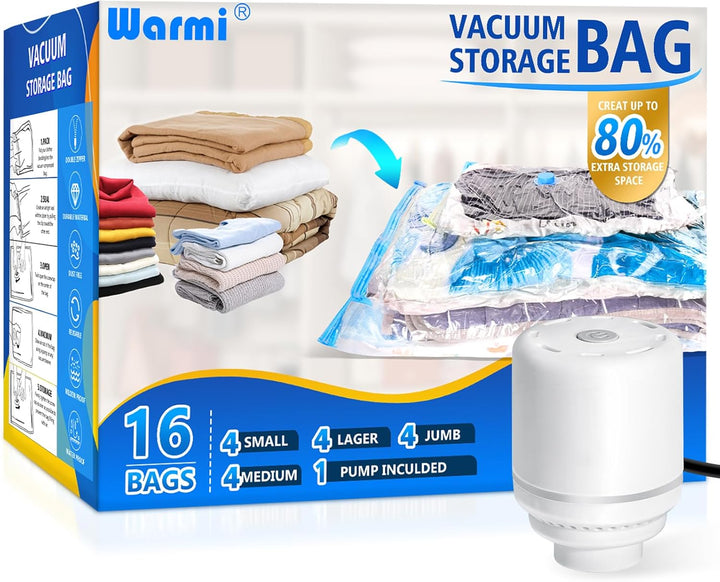 Organize any space: vacuum storage bags (multi-size) & powerful electric pump.