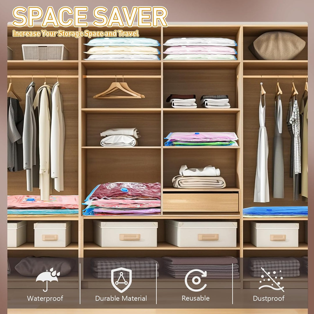 Travel smart with compact vacuum storage bags and included electric pump.