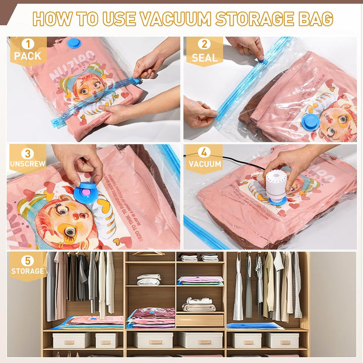 Declutter & save space with the Unisex vacuum storage bag set & electric pump.