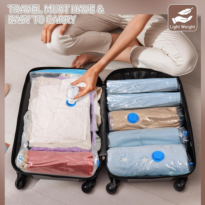 Jumbo vacuum storage bags with powerful electric pump for bedding compression.