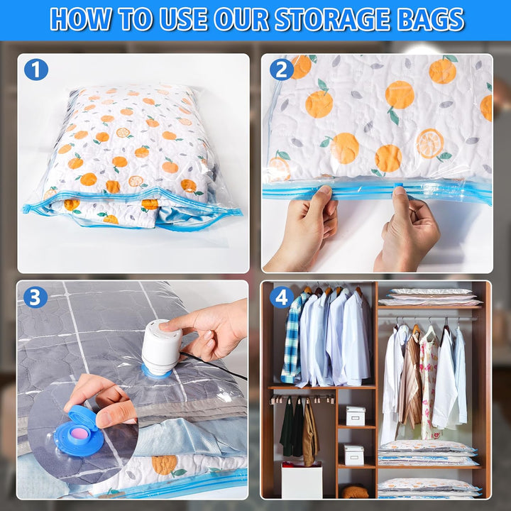 Seasonal clothes storage solution: vacuum bags & electric pump for max space.