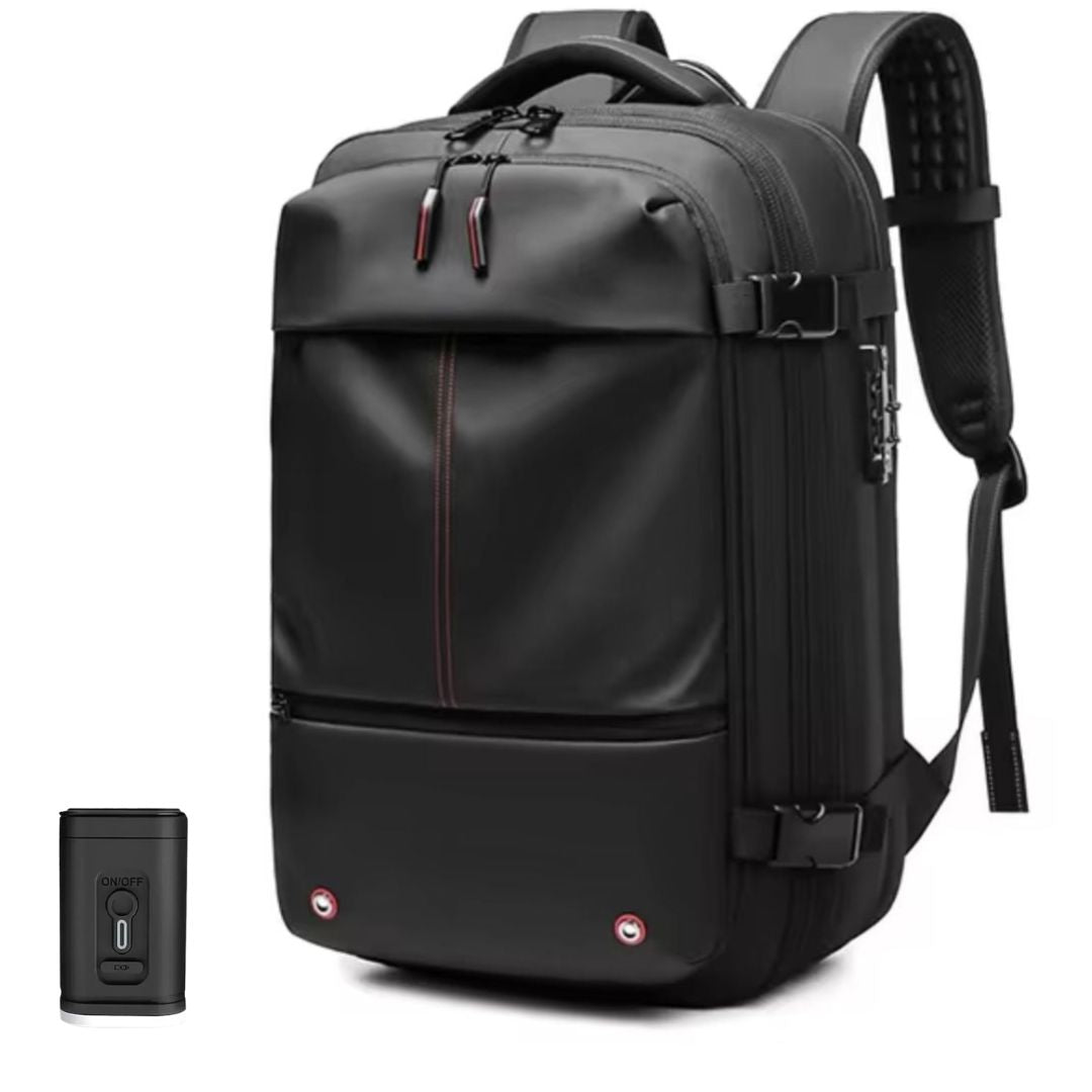 "Unisex Vacuum Travel Backpack with expandable design, anti-theft features, and dry/wet separation in Black, Blue, Gray, Gree