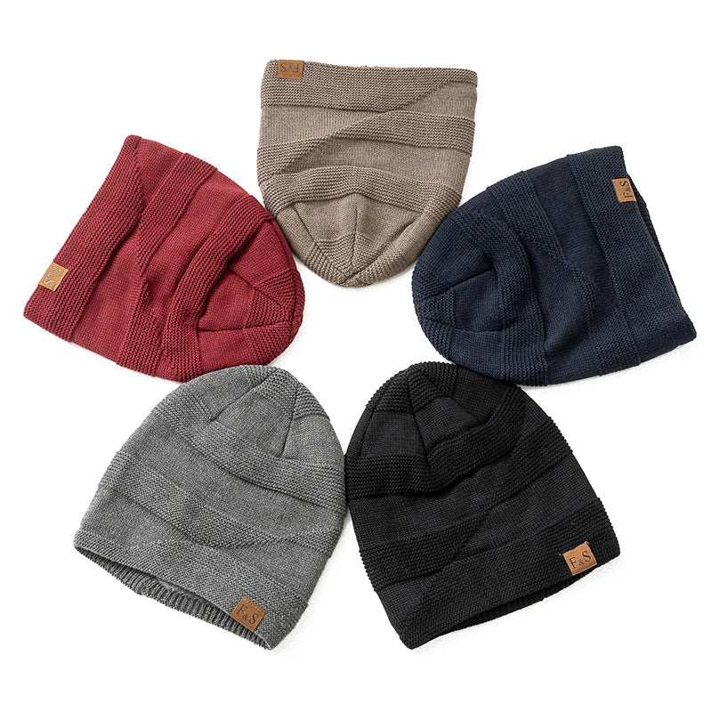 Essential winter fashion headwear: a warm, fleece-lined unisex knit beanie for cold days.