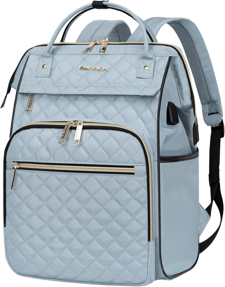 Black water-repellent tech backpack with RFID, USB & expandable storage for laptops. Perfect for school & travel.