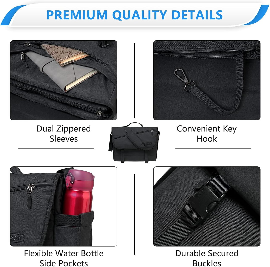 Padded water-resistant laptop messenger bag, unisex WorkMate series. Secures devices & essentials for commutes.