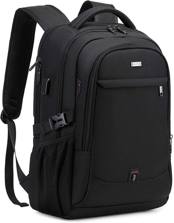 Unisex water-resistant laptop travel backpack, black, with multiple organized pockets for daily commute & travel.