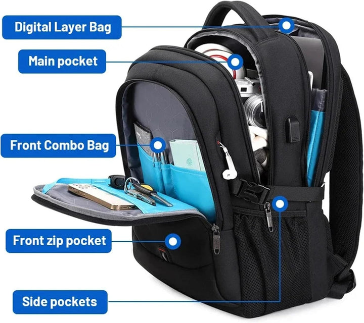 Durable black laptop backpack, water-resistant, with secure padded compartment & organized pockets for tech & essentials.