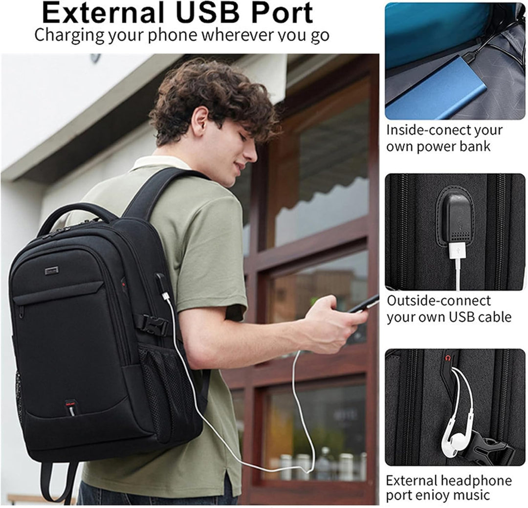 Anti-theft travel backpack, water-resistant, black, with hidden pockets & organized compartments for safe carry-on luggage.
