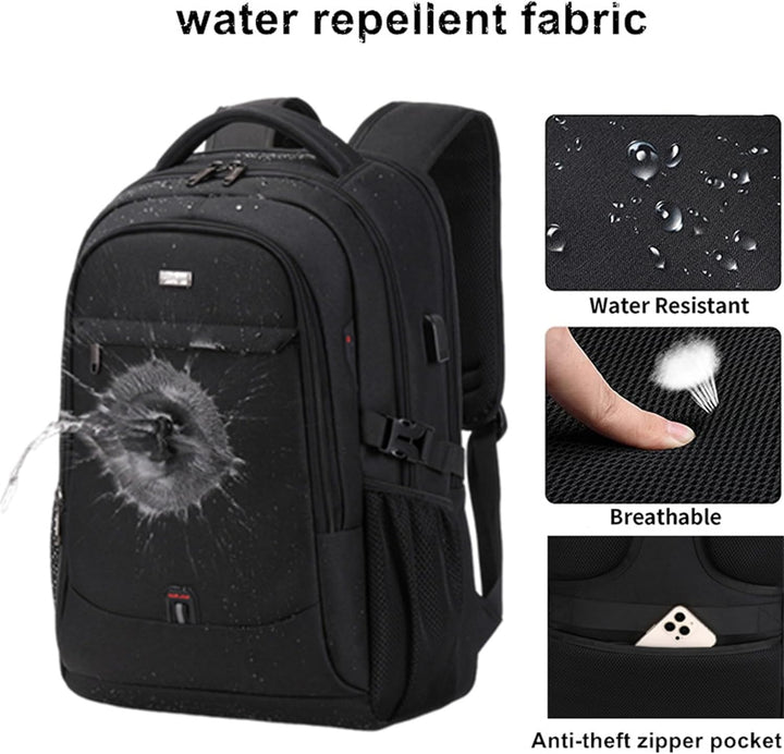 Versatile black water-resistant commuter backpack for daily use, school or work, with organized pockets & laptop sleeve.