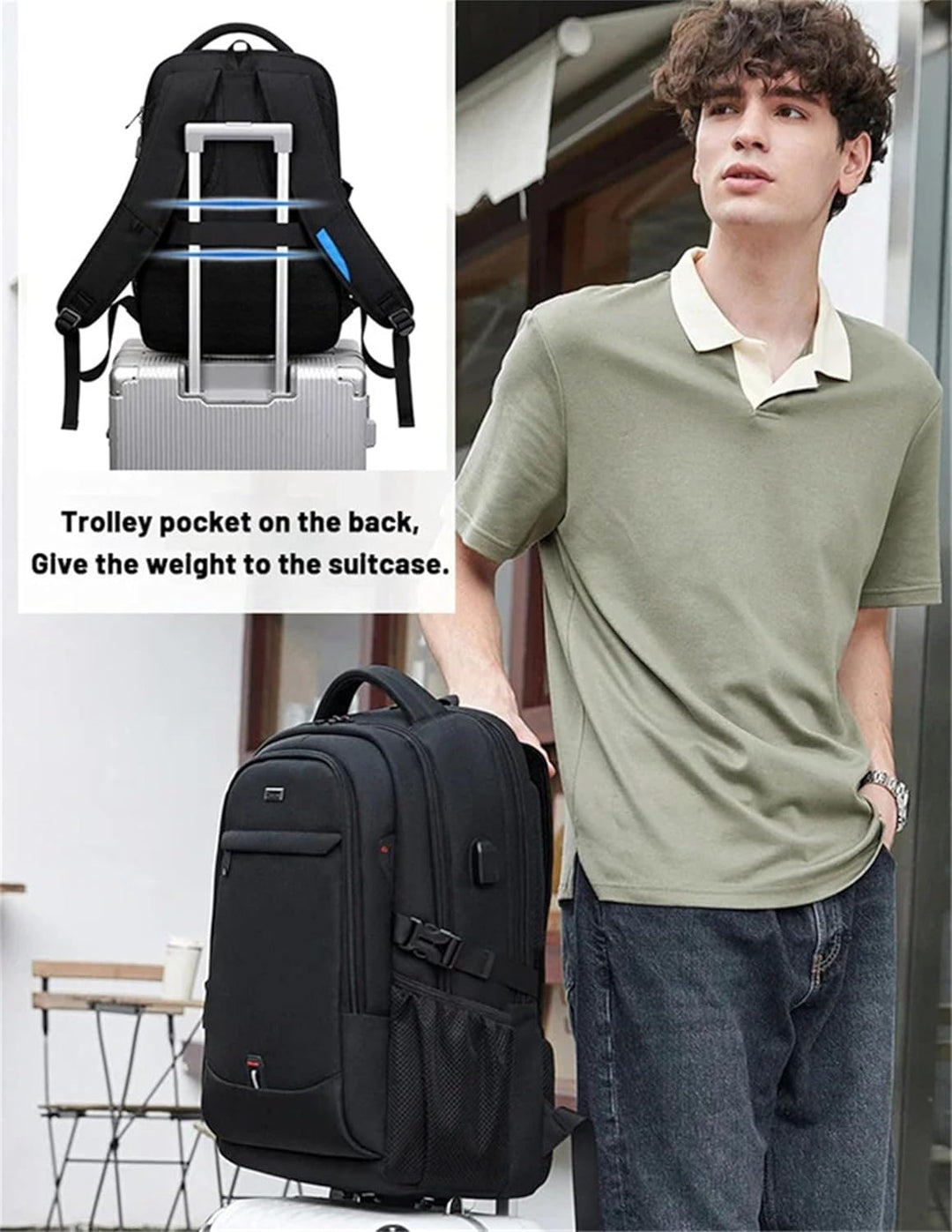 Spacious water-resistant travel & laptop backpack, black, with organized compartments ideal for school, work, or carry-on.