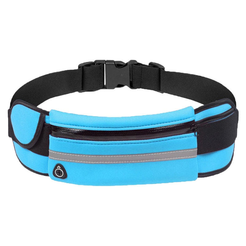 Black water-resistant running waist pack with reflective accents for night safety.