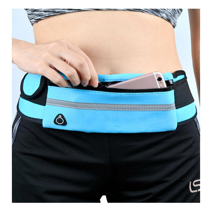 Side view of adjustable water-resistant fitness belt, essential for running & travel.