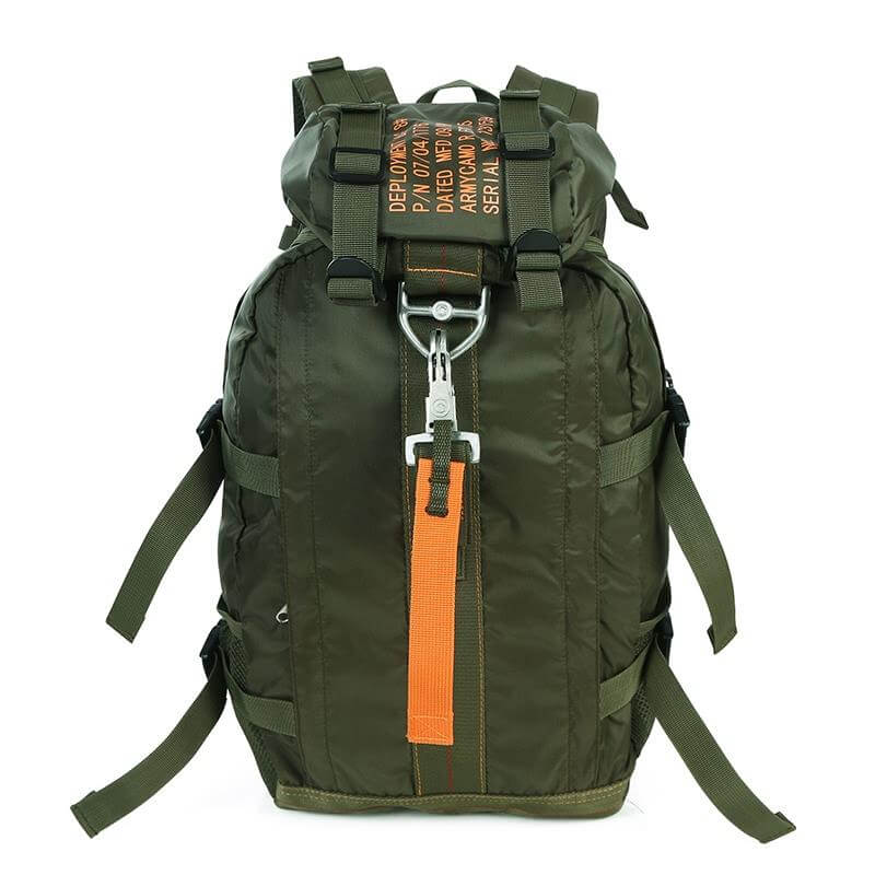 Durable FieldGear tactical backpack in an outdoor mountain setting, perfect for hiking & adventure.