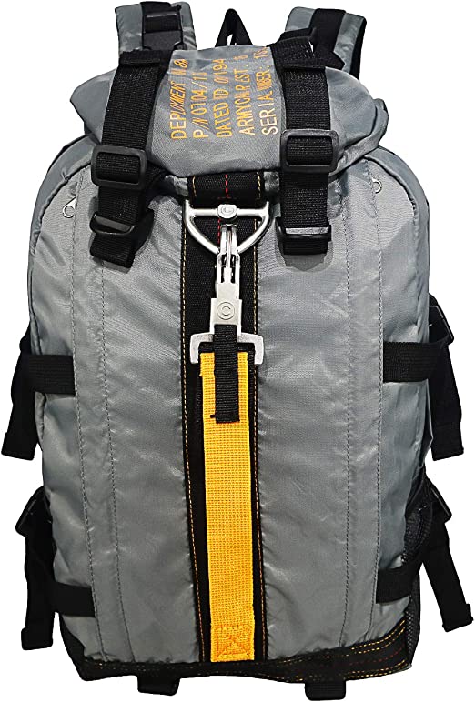 Large capacity water-resistant tactical backpack, packed with gear for extended outdoor camping trips.