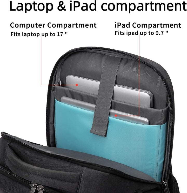 Water-resistant unisex backpack with USB charging port & dedicated laptop compartment for travel.
