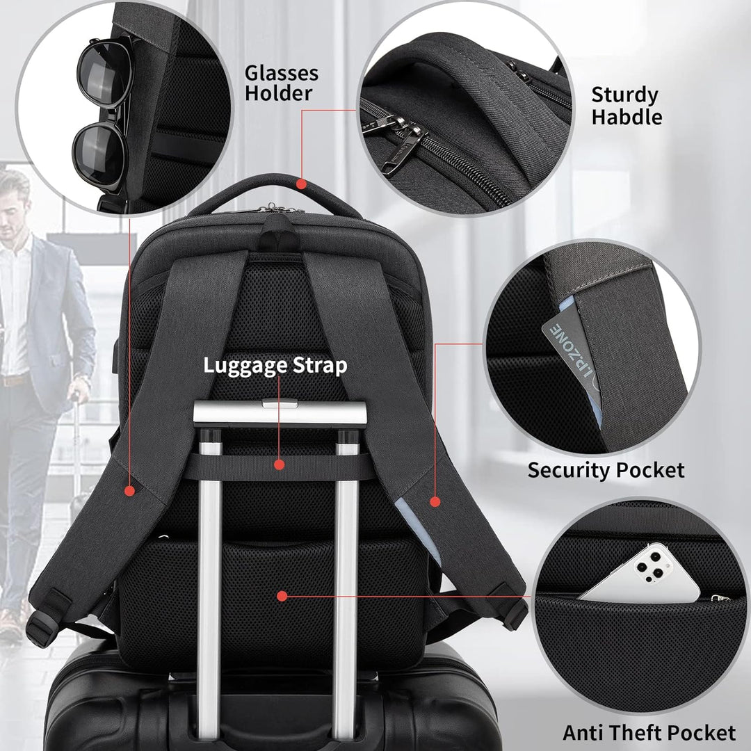 Practical unisex anti-theft backpack with USB port, water-resistant, designed for secure travel.