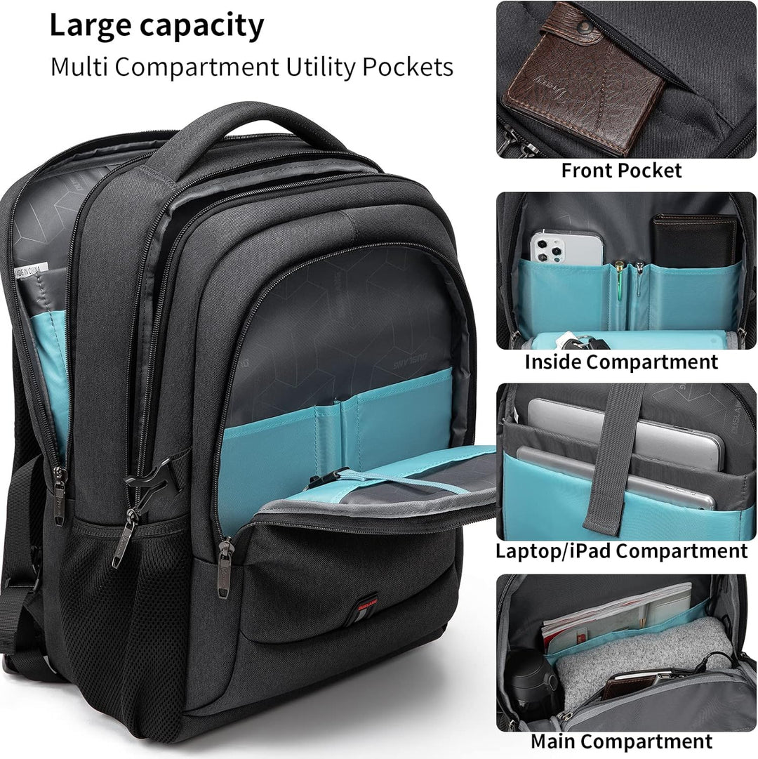 Spacious water-resistant travel backpack, unisex, with organized storage & external USB charging.