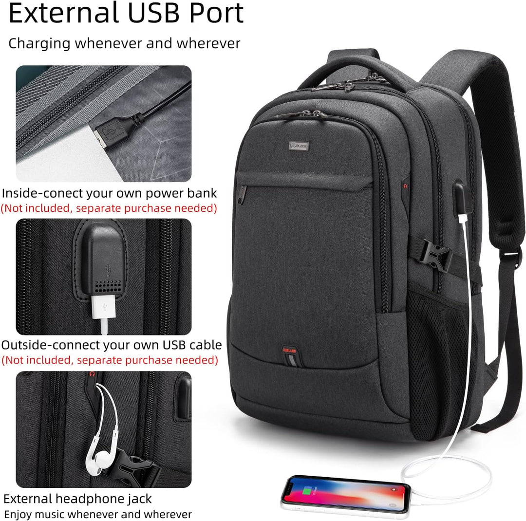 Sleek black unisex laptop backpack, water-resistant & features a convenient USB charging port.