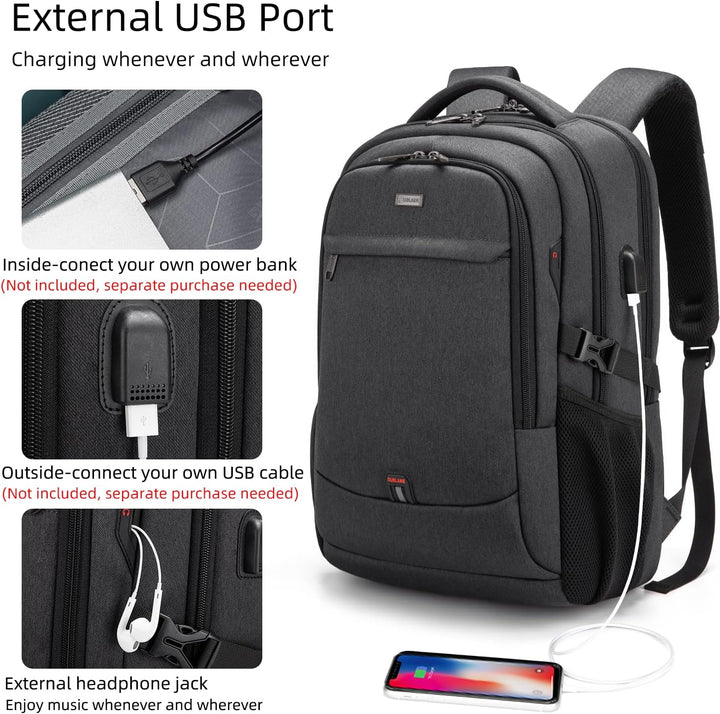 Sleek black unisex laptop backpack, water-resistant & features a convenient USB charging port.