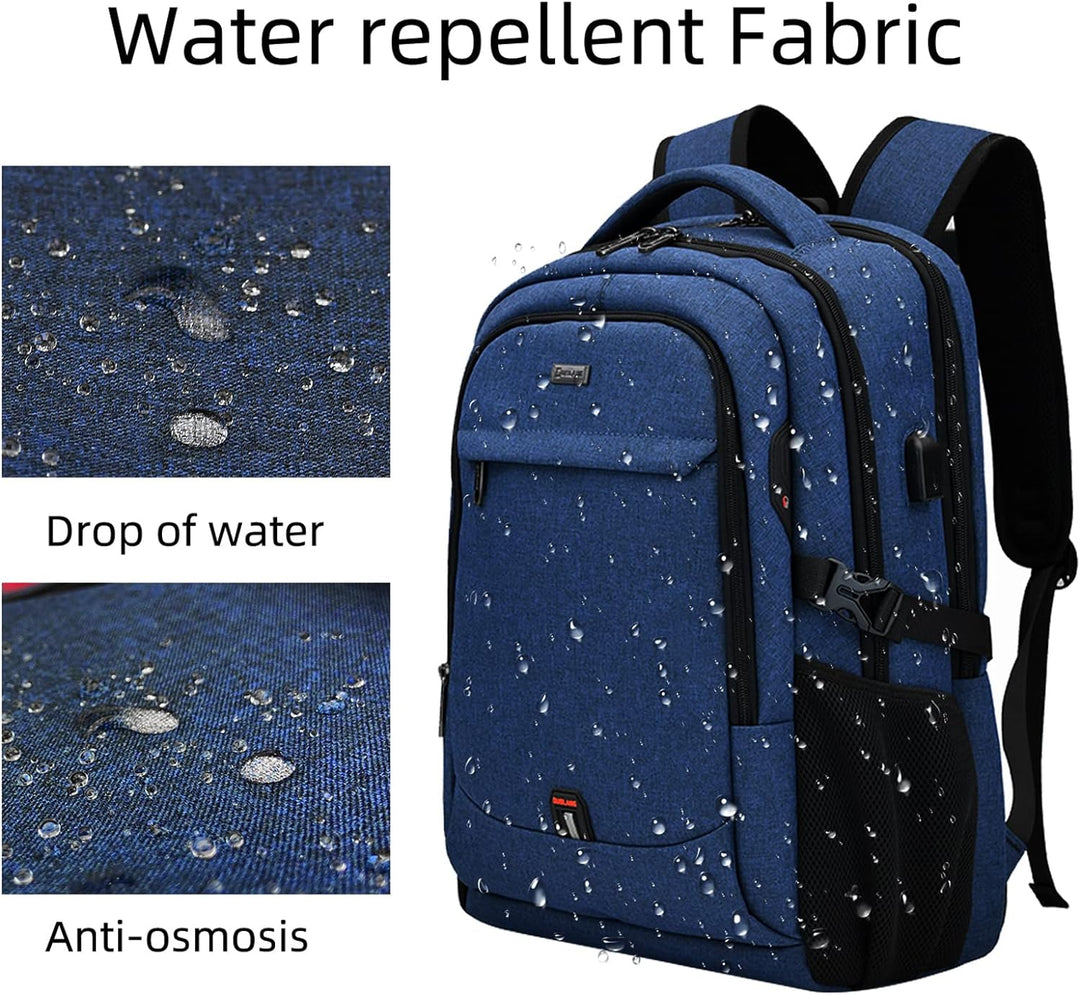 Compact water-resistant travel backpack, unisex, with USB port & protective laptop compartment.