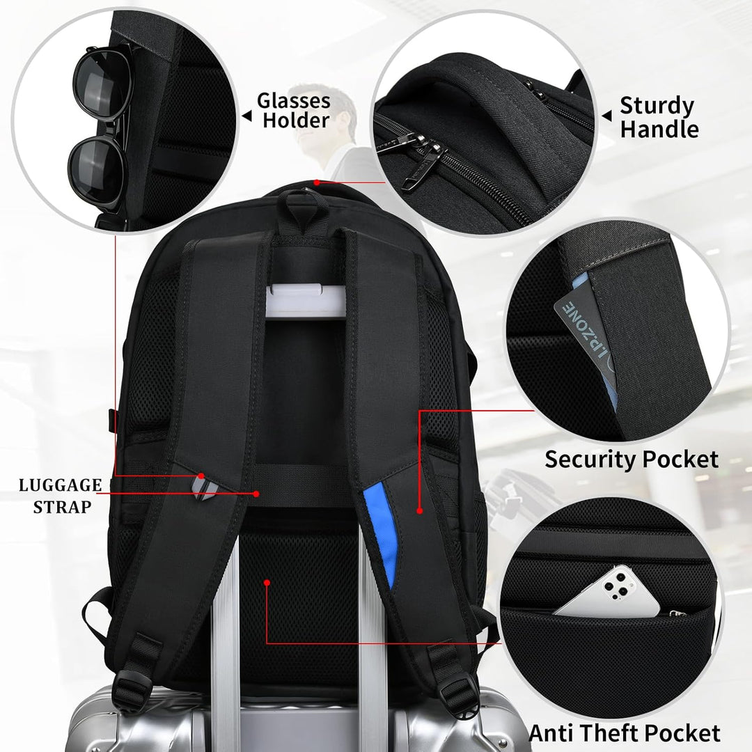 Robust water-resistant travel backpack, unisex, designed to carry laptops safely, with USB charging.