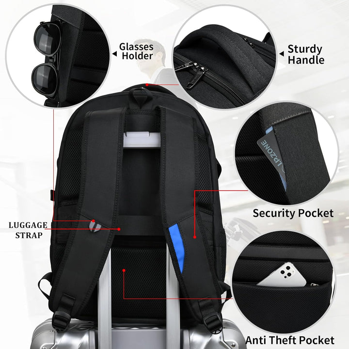 Robust water-resistant travel backpack, unisex, designed to carry laptops safely, with USB charging.