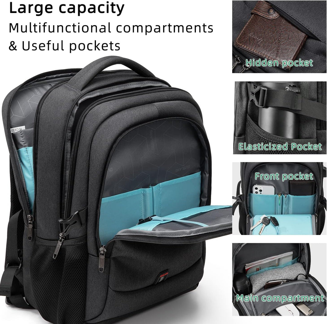 Durable travel backpack for laptops, unisex design, water-resistant with anti-theft features & USB port.