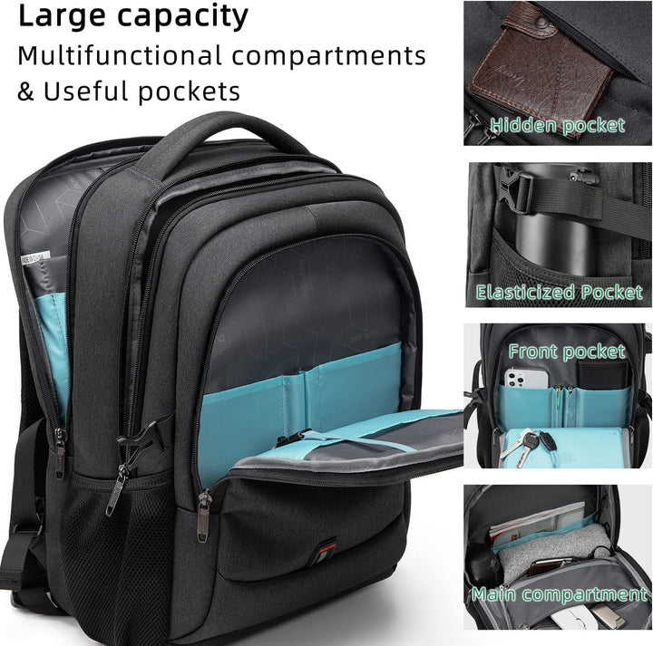 Durable travel backpack for laptops, unisex design, water-resistant with anti-theft features & USB port.