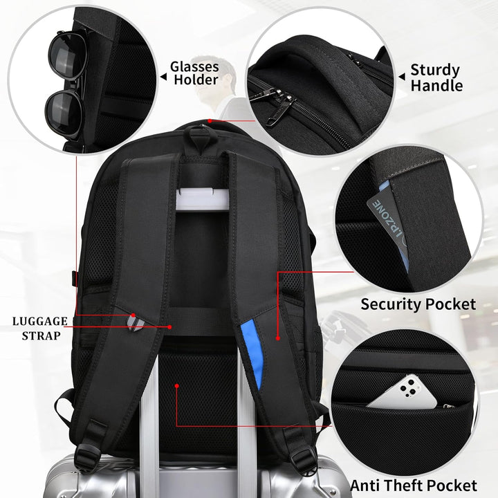 Adventure-ready water-resistant backpack, unisex, for laptops & travel essentials, with USB port.